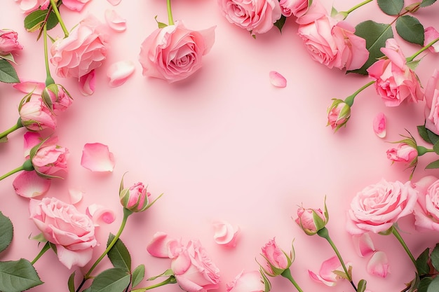 Frauentag Muttertag Top View Licht rosa fester Hintergrundrahmen aus rosa Rosen Blumen Studio Licht