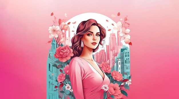 Frauentagskarte mit Blumen Stadt und Mode Frau Leuchtende warme Farben Hintergrund