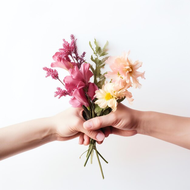 Foto frauentagskonzept mit zwei händen, die blumen auf weißem hintergrund halten