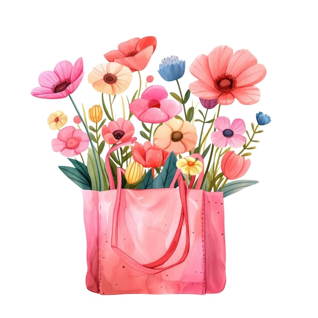 Frauentasche mit einem Blumenstrauß Vektorillustration Handtasche mit rosa Wildblumen, isoliert auf weißem Hintergrund