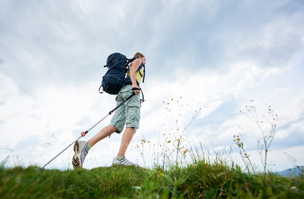 Frauenwanderer, der auf grasartigem Hügel, tragender Rucksack, unter Verwendung der Wanderstöcke in den Bergen wandert