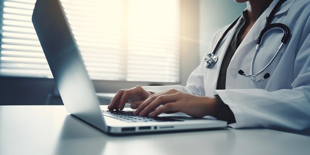 Frauliche Ärztin schreibt auf einem Laptop in einer Arztpraxis