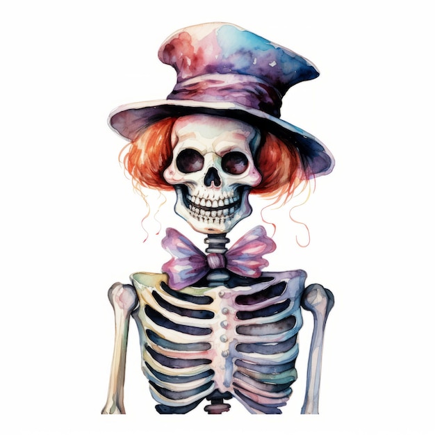 Freakishly Fun Aquarela Clipart Cartoon Pintura de um esqueleto de Halloween caprichoso em um Mysteriou