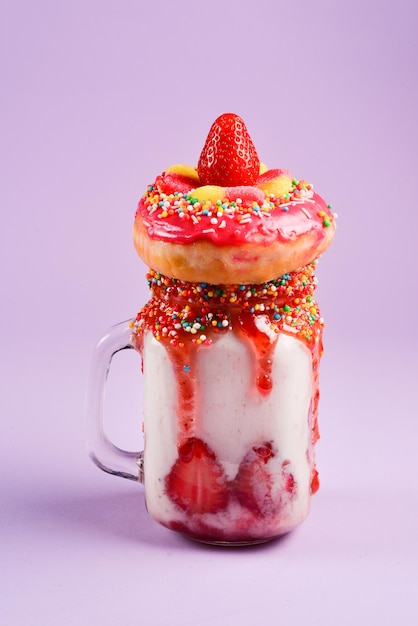 Freakshake Extreme batido con donut de dulces de gelatina de fresa