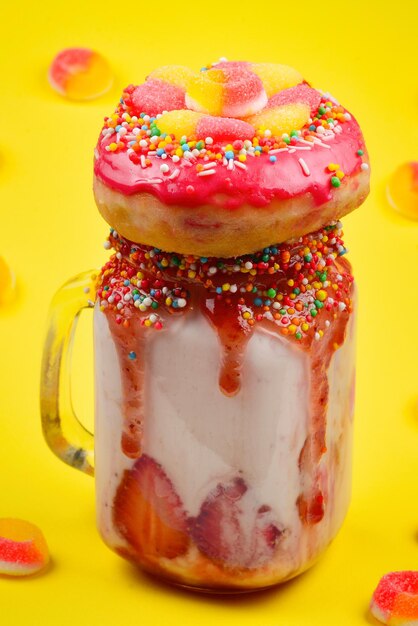 Freakshake. Extreme Milchshake mit Erdbeere, Geleebonbons, Donut.