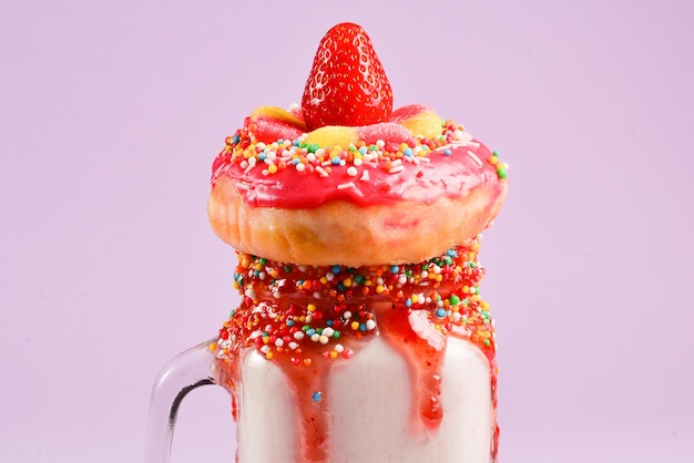 Freakshake. Extreme Milchshake mit Erdbeere, Geleebonbons, Donut.