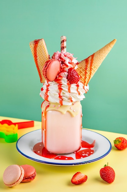 Freakshake de fresa rosa con salsa de goteo crema galletas de cacao Chica sosteniendo batido