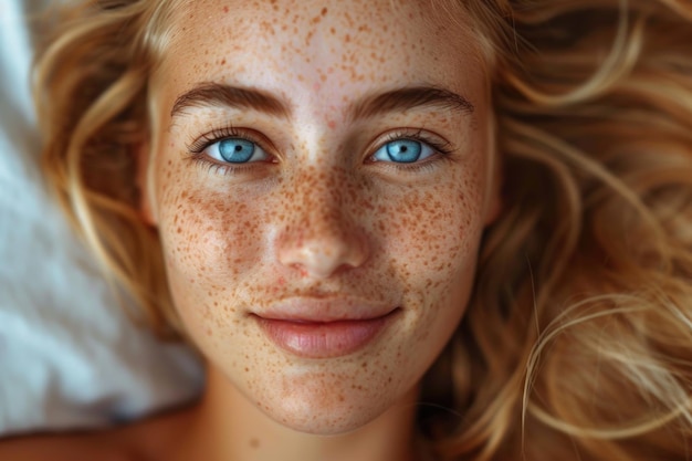 Freckles blonde blauäugige Frau perfekte Haut lächelnd