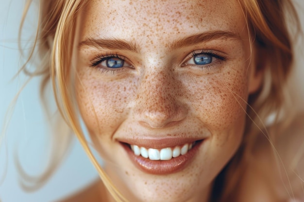 Freckles blonde blauäugige Frau perfekte Haut lächelnd