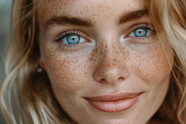 Freckles blonde blauäugige Frau perfekte Haut lächelnd