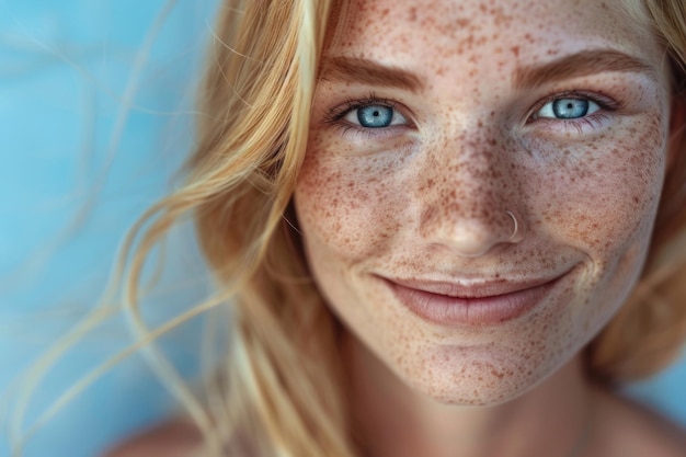 Freckles blonde blauäugige Frau perfekte Haut lächelnd