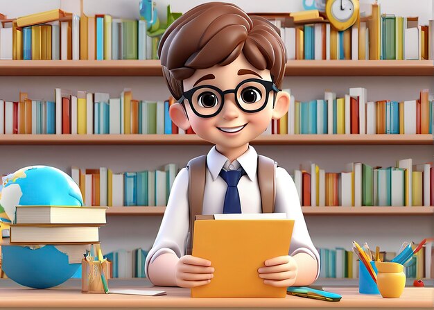 Free 3D Cute School Boy personagem radiante em branco sorrindo feliz e personagem irradiando feliz
