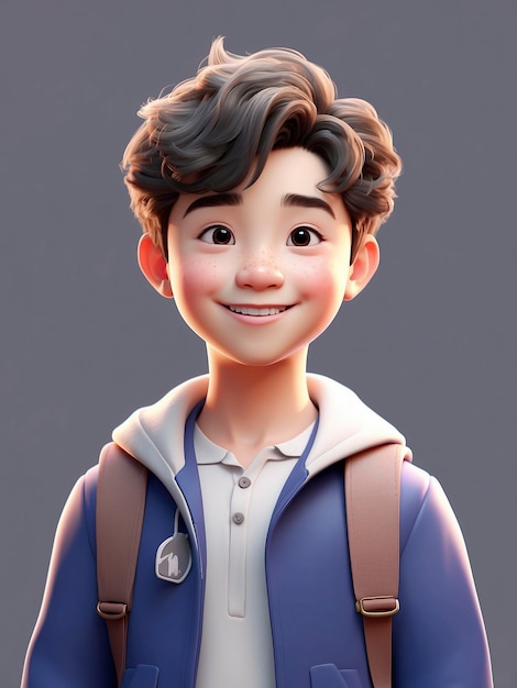 Foto free 3d cute school boy personaje radiante en blanco sonriendo feliz y carácter radiante feliz