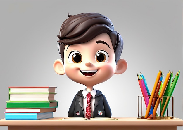 Free 3D Cute School Boy personaje radiante en blanco sonriendo feliz y carácter radiante feliz