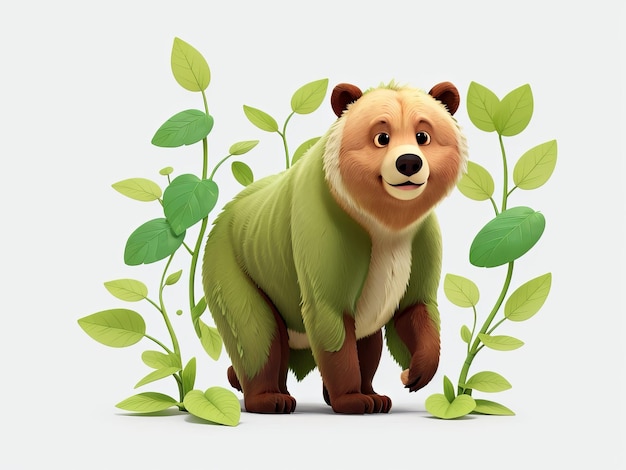 Free Adorable Bear em estilo de animação de desenho animado com Green Leaves Generative AI