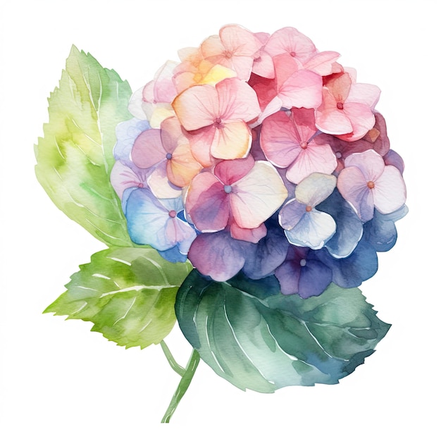 Free single blue Hydrangea folwer water color pastel white background generat ai