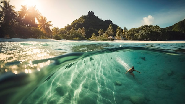 Freediver explorando aguas tropicales cristalinas con fondo de montañas y palmeras ai generativo