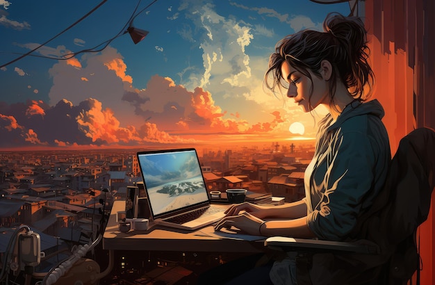 Freelance-Konzept Junge Frau mit Laptop Arbeiten von zu Hause aus Kunst Komposition extreme Nahaufnahme Generative KI