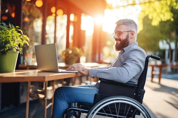 Freelance masculino en silla de ruedas trabajando en una laptop al aire libre