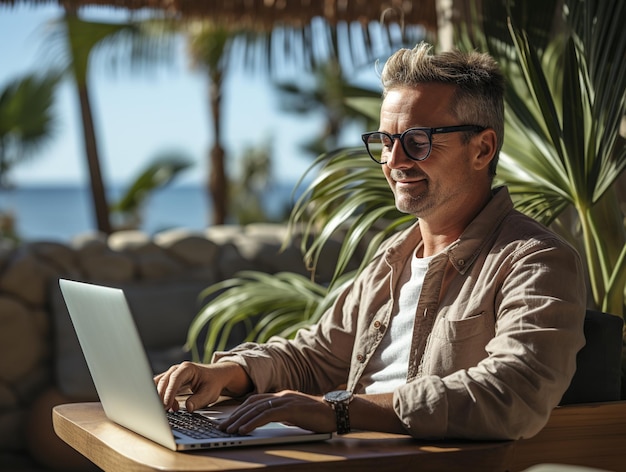 Freelancer a trabalhar com um portátil ao lado do mar