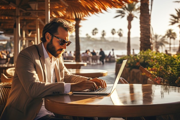 Freelancer com laptop na praia