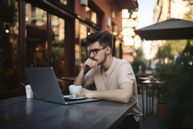 Freelancer creativo en un café al aire libre escribiendo en una computadora portátil creada con IA generativa
