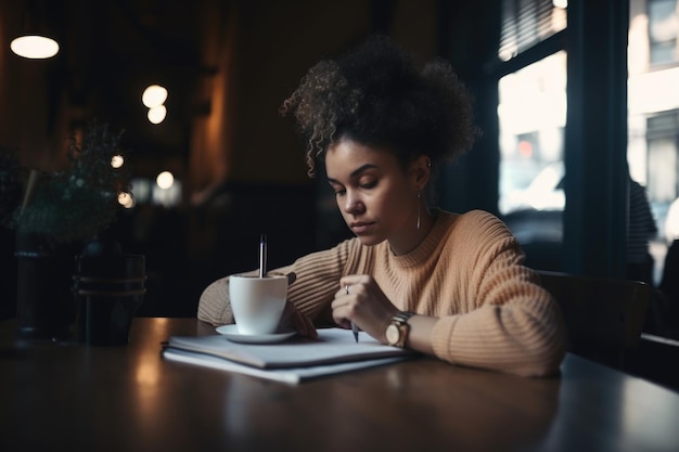 Freelancer criativo trabalhando em um café, encontrando clientes e tomando café criado com IA generativa