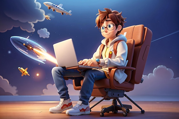 Freelancer de personagem de desenho animado com um laptop nas mãos voa em uma cadeira como uma inovação de foguete e conceito de inicialização ilustração 3d