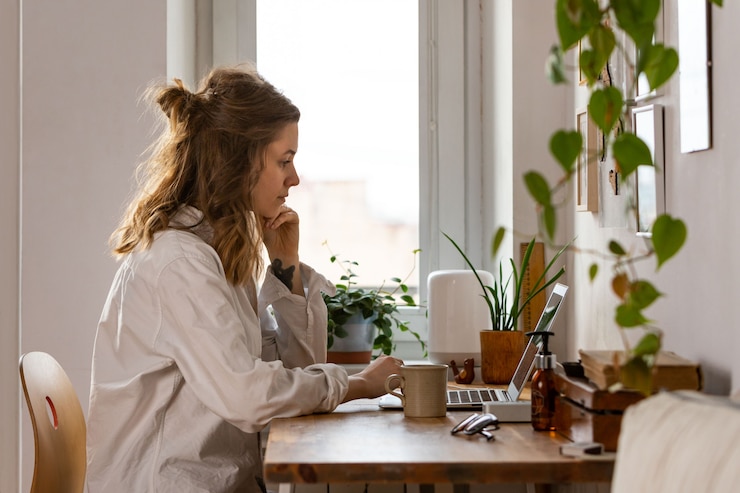 Foto freelancer / designer de mulher trabalhando no computador do escritório em casa durante o auto-isolamento. trabalho remoto, teletrabalho, trabalho a distância.