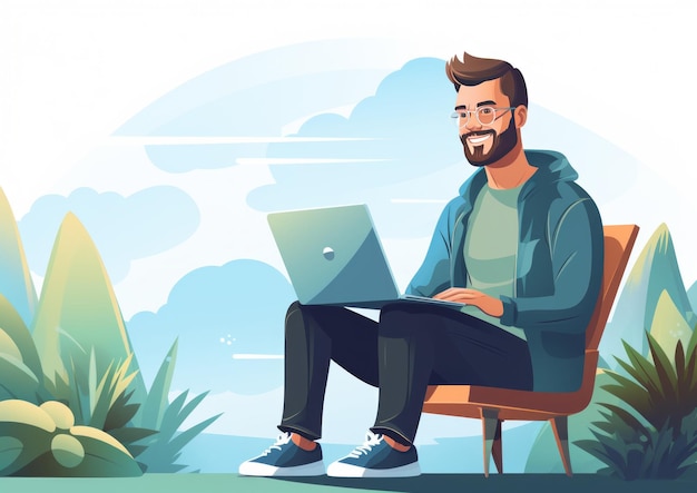 Freelancer feliz con computadora en casa Ilustración