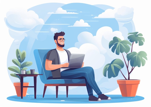 Freelancer feliz con computadora en casa Ilustración