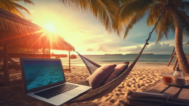 Freelancer con laptop en hamaca en playa tropical