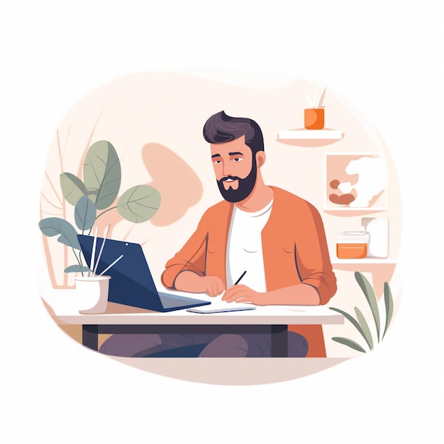 Freelancer Mann arbeitet zu Hause Freelancer Remote Work Konzept Vektor-Illustration im Cartoon-Stil