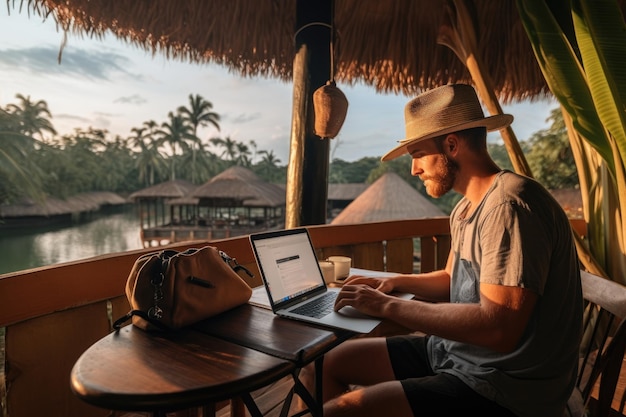 Freelancer nómada digital que trabaja en un paisaje tropical