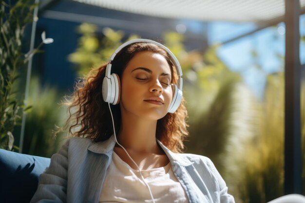 Foto freelancer relajándose y escuchando música a través de auriculares inalámbricos.