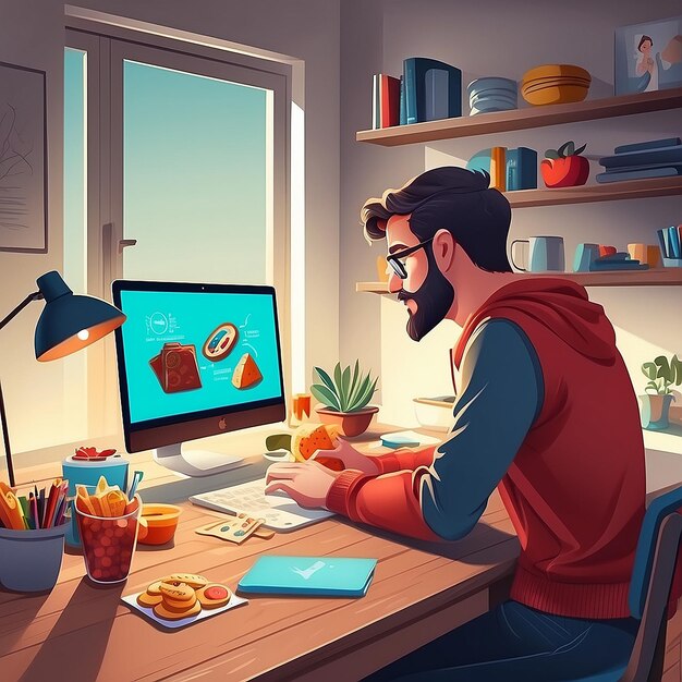 Foto freelancer remoto trabalhando em casa com laptop e lanches