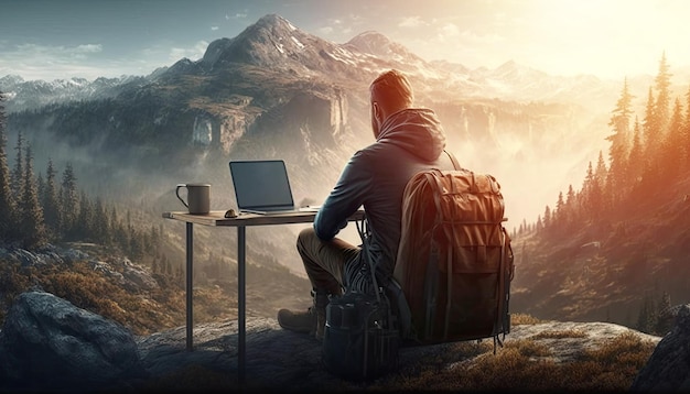 Freelancer senta-se à mesa e trabalha com laptop bela paisagem natural ao ar livre com montanhas