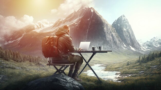 Freelancer senta-se à mesa e trabalha com laptop bela paisagem natural ao ar livre com montanhas