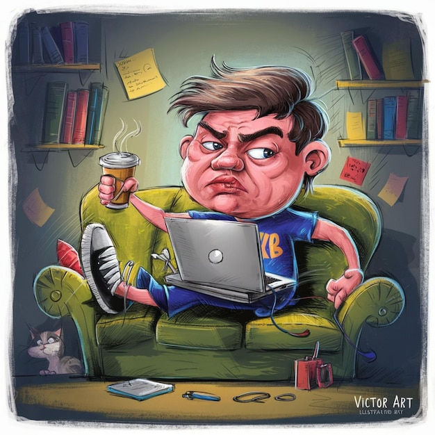 Freelancer sentado en la computadora trabajando desde casa Victor Art con dibujos animados