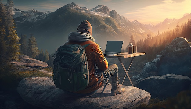 Freelancer se sienta a la mesa y trabaja con una computadora portátil hermoso paisaje natural al aire libre con montañas