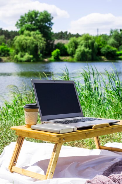 Freelancer trabaja en verano en un picnic en la naturaleza