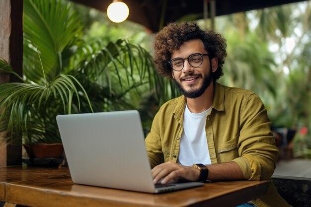 Freelancer trabajando con computadora en cafe