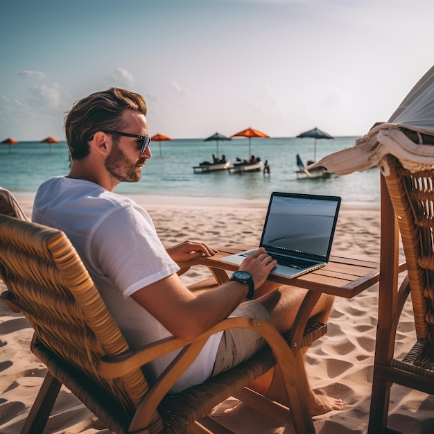 Freelancer trabajando en línea mientras se relaja en una silla de terraza