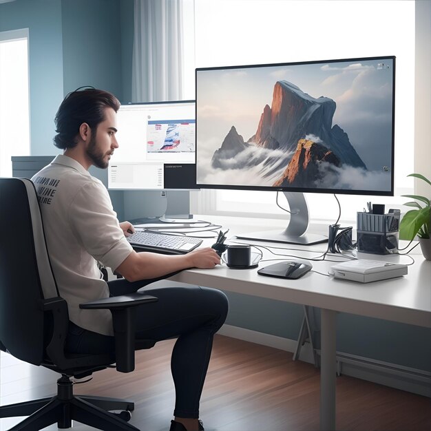 freelancer trabajando su computadora en la habitación en una silla y una mesa