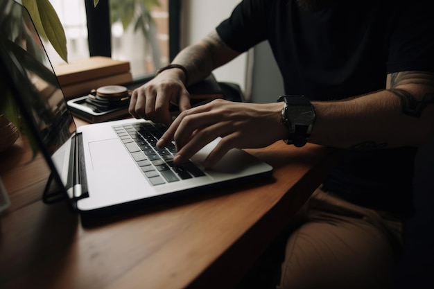 Freelancer trabalhando em casa com laptop e celular por perto, criado com IA generativa