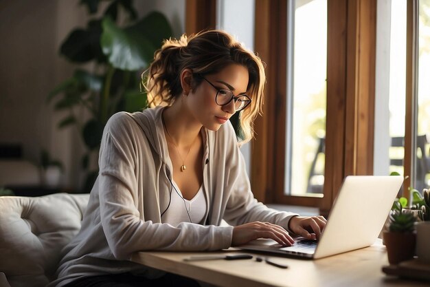 Foto freelancer trabalhando em laptop em sua casa