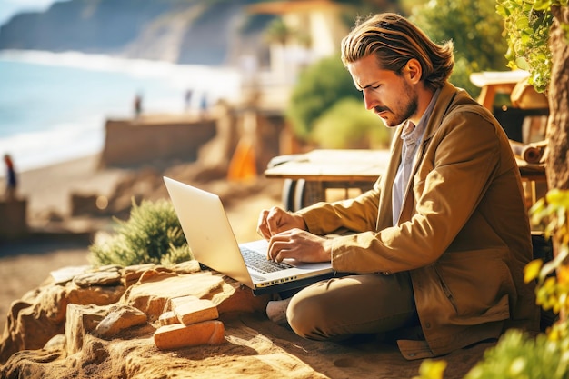 Freelancer trabalhando em um laptop na praia perto do mar