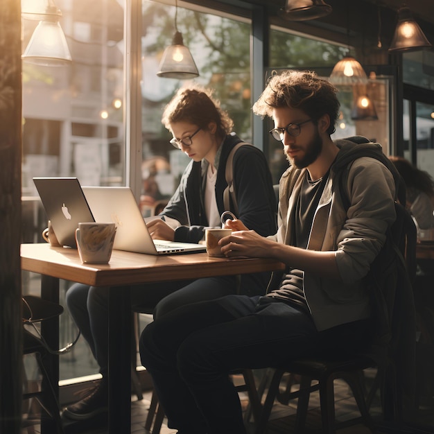 Los freelancers se sientan en una cafetería y se centran en su trabajo