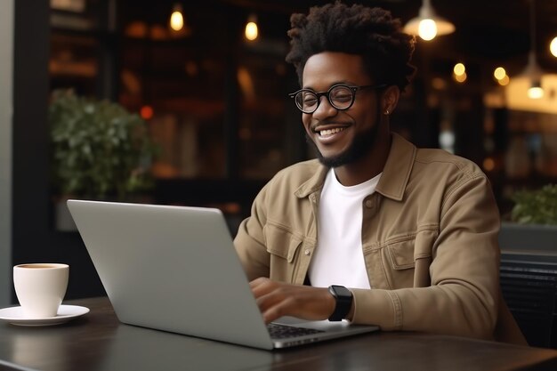 Freelancing-Konzept Bild eines lächelnden jungen afroamerikanischen Mannes vor dem Laptop-Monitor in einem Bürgersteigcafé