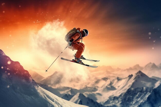 Freerider-Skifahrer während eines Tiefschneesprungs Generative KI